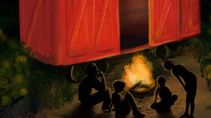 A drawing of four individuals sitting around a campfire in front of a red train car