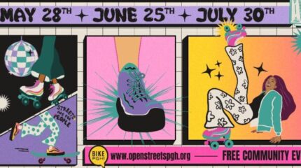 A drawing depicting an individual on a bike on a yellow bridge, an individual skating in front of a disco ball, an individual on a skateboard, a large purple shoe, an individual break dancing in roller skates, and an individual dancing in a wheelchair