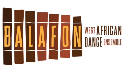 The text "Balafon" in yellow on rectangles in varying shades of brown, and the text "West African Dance Ensemble" in varying shades of brown on the right