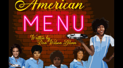 A painted graphic of five adults dressed as servers holding trays of food in front of a brick wall, with the text "American" written in yellow cursive and "Menu" written in pink neon on the brick wall