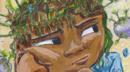 A painting of an individual with green hair looking at a round purple object on a beige background
