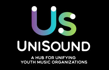 A gradient letter U and letter S, with the text "UniSound" and "A Hub for unifying youth music organizations" in white underneath, all on a black background