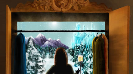A drawing of a hooded figure looking at a wintry landscape inside a wardrobe