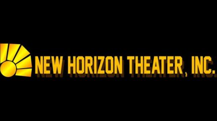 A gold logo shaped like amphitheater seating, with the text "New Horizon Theater, Inc." in gold on the right, all on a black background
