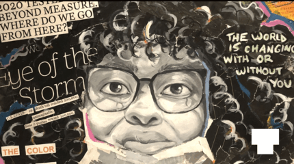 A black and white drawing of an individual with curly hair and glasses, surrounded by text in different fonts