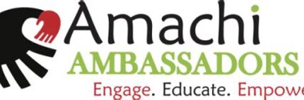 A graphic of a black hand intersecting with a small red hand, and the text "Amachi" in black, "AMBASSADORS" in light green, "Engage." in red, "Educate" in black, and "Empower" in red.