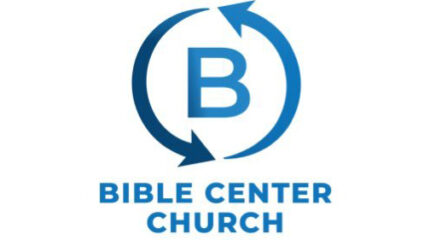 A blue letter "B" surrounded by two blue arrows going in a circle, with the text "Bible Center Church" in blue underneath
