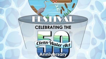 A graphic of a cartoon turtle on a wooden motorboat fishing in a lake in front of a sunset, along with text advertising the Clean Water Act Festival