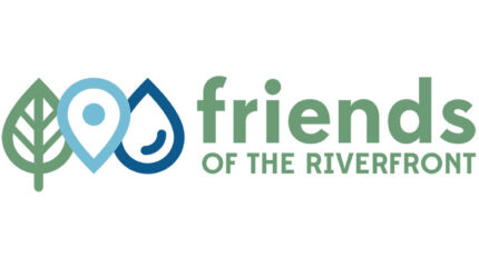 Graphics of a green leaf, a light blue point marker, and a dark blue water droplet, with the text "friends of the riverfront" in light green on the right