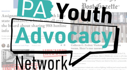 The text "PA" in white inside a light blue graphic of the state of Pennsylvania, the text "Youth" in black on the right, the text "Advocacy" in light blue inside a speech bubble graphic underneath, and the text "Network" in plain black underneath, all on a background of newspaper articles