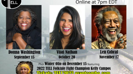 Four headshots of adults smiling in profile along with text advertising Pittsburgh Story Series all on top of an image of the Pittsburgh Skyline