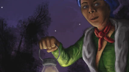 A painting of an adult holding a lantern in a forest under a night sky