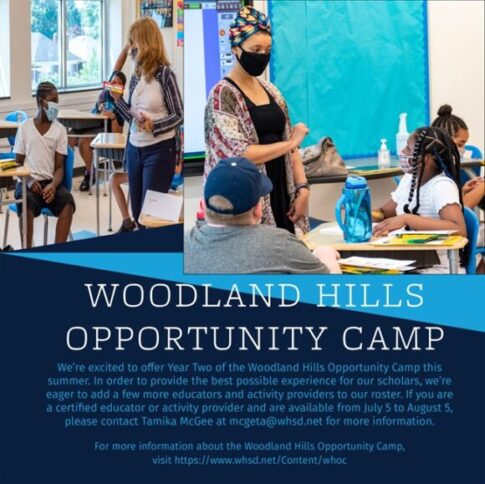 Two images of adults wearing masks talking to youth wearing masks in classrooms, along with text advertising the Woodland Hills Opportunity Camp