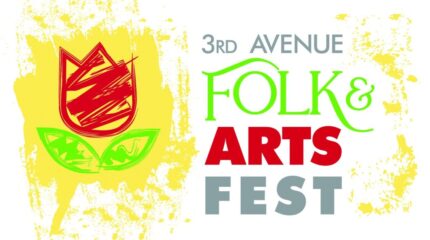 A childish drawing of a red tulip on a yellow splash of paint next to the text "3rd Avenue" in gray, "Folk &" in light green cursive, "Arts" in red, and "Fest" in gray