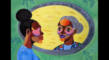 A painting of a younger adult looking into a mirror, with the reflection looking like an older alter ego of the younger adult.