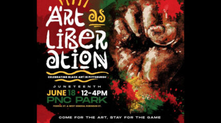 A painting of a fist, along with text advertising the Art as Liberation event