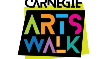 The text "Carnegie" in stylized black font and "ARTS WALK" in stylized multicolored font on a black trapezoid on top of a light green trapezoid