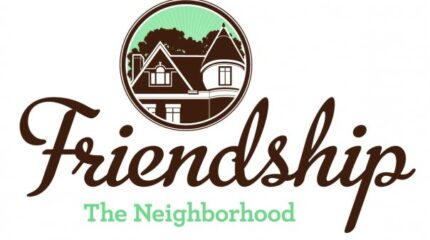 A circular graphic of a monochrome house in front of a tree on a light green background, along with the text "Friendship" in cursive dark brown font and "The Neighborhood" in light green, all on a white background
