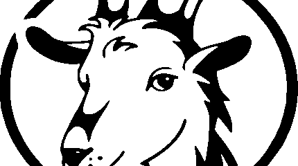 A black and white graphic of a goat eating a small plant
