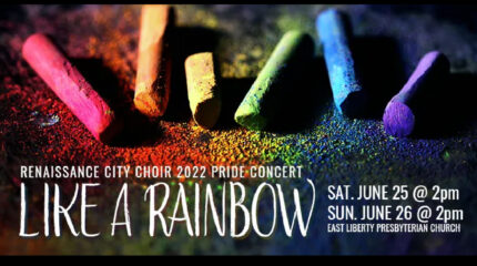 A photo of multicolored chalk on tarmac, along with text advertising Renaissance City Choir's Like a Rainbow event