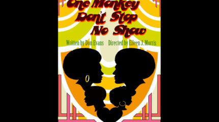 Four silhouettes of heads above a black heart all on an orange, light green, and pink background, along with the text "One Monkey Don't Stop No Show" in dark red 70's stylized font..