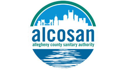 A white graphic of a city skyline on a light blue background over the text "alcosan" in dark blue and "allegheny county sanitary authority" in dark green over a white graphic of a river on a dark blue background