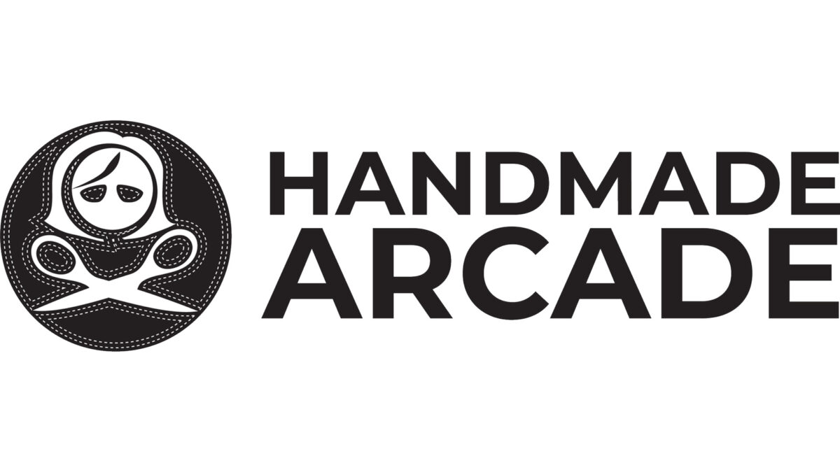 A circular logo of a stitched shilouette of a white face and white pair of scissors on a black background, along with the text "Handmade Arcade" on the right