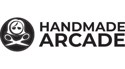 A circular logo of a stitched shilouette of a white face and white pair of scissors on a black background, along with the text "Handmade Arcade" on the right