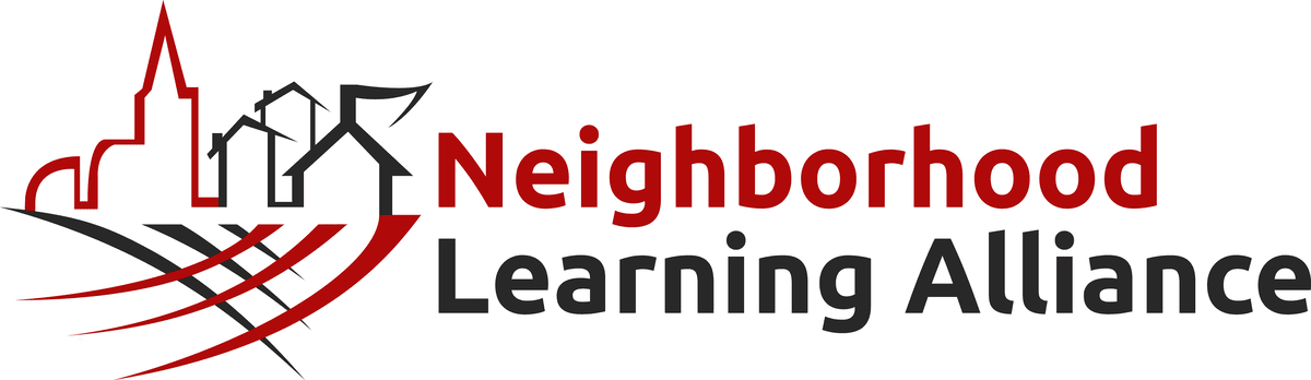 A graphic of a city skyline with black, gray and red outlines of buildings and red and gray stripes underneath, along with the text "Neighborhood" in red and "Learning Alliance" in black on the right