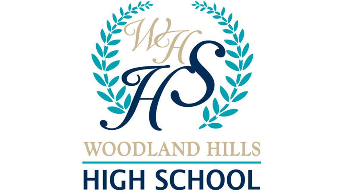 The text "WH" in gold cursive, "HS" in dark blue cursive, all surrounded by light blue wreaths, and the text "Woodland Hills" in gold and "High School" in dark blue underneath