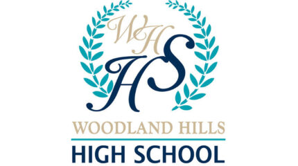 The text "WH" in gold cursive, "HS" in dark blue cursive, all surrounded by light blue wreaths, and the text "Woodland Hills" in gold and "High School" in dark blue underneath
