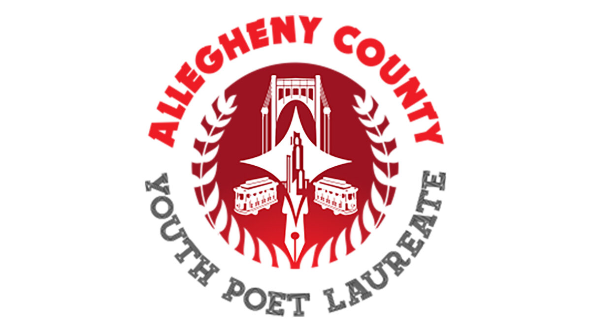 A circular red logo of a bridge and two trolleys surrounded by a wreath, along with the text "Allegheny County" on top in red, and "Youth Poet Laureate" on the bottom in gray