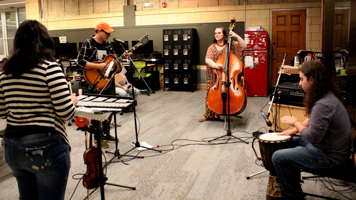 An adult playing glockenspiel, an adult playing acoustic guitar, an adult playing upright bass, and an adult playing djembe