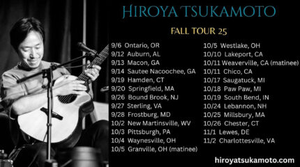 A black and white image of an adult holding an acoustic guitar while sitting behind a microphone, with text listing tour dates and locations on the right