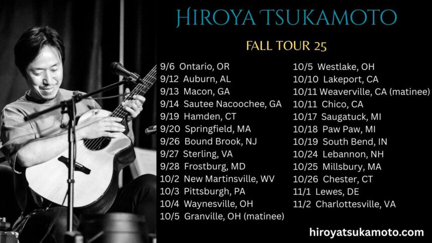 A black and white image of an adult holding an acoustic guitar while sitting behind a microphone, with text listing tour dates and locations on the right
