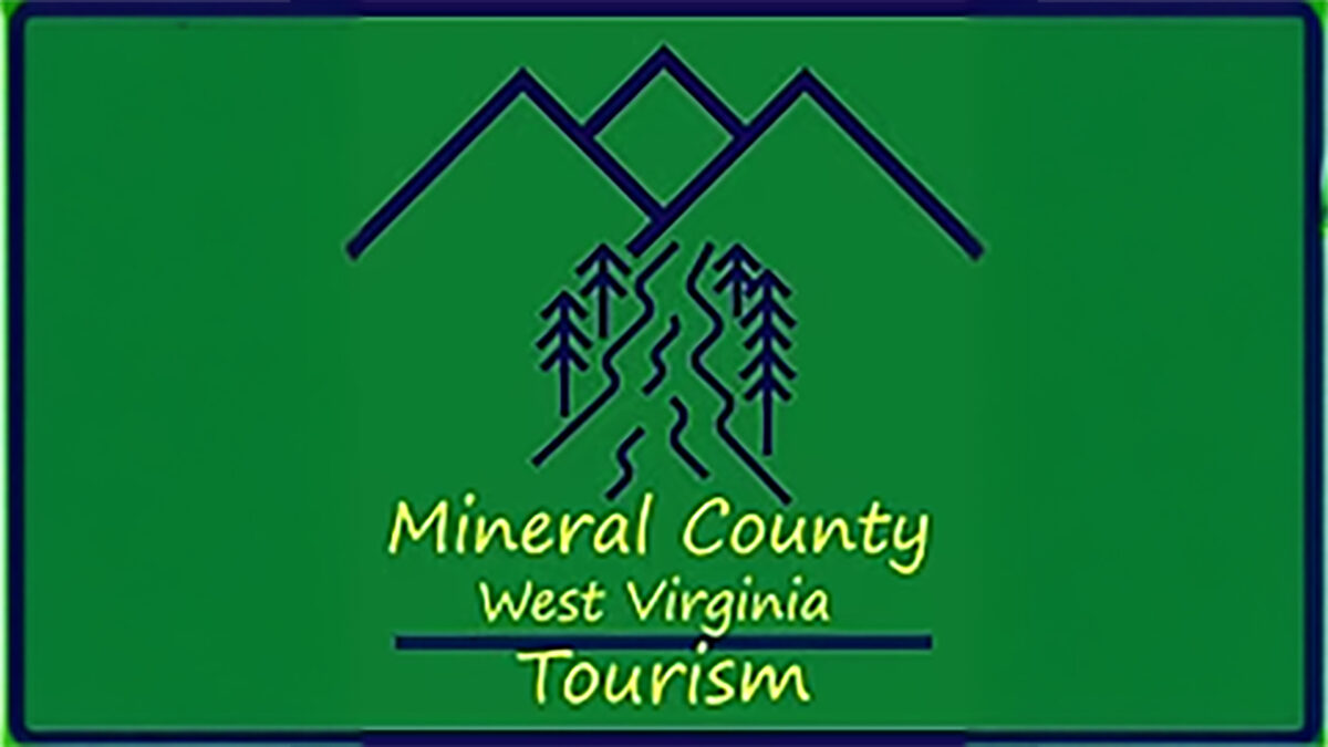 A graphic of blue mountains in front of a blue river and blue trees, along with the text "Mineral County West Virginia Tourism" in yellow, all on a green background