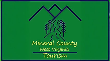 A graphic of blue mountains in front of a blue river and blue trees, along with the text "Mineral County West Virginia Tourism" in yellow, all on a green background