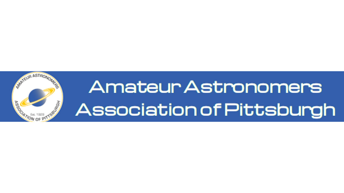 A circular logo with a blue planet with yellow rings on a white background with the text "Amateur Astronomers Association of Pittsburgh" surrounding it, along with the text "Amateur Astronomers Association of Pittsburgh" in white on a blue background