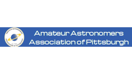 A circular logo with a blue planet with yellow rings on a white background with the text "Amateur Astronomers Association of Pittsburgh" surrounding it, along with the text "Amateur Astronomers Association of Pittsburgh" in white on a blue background