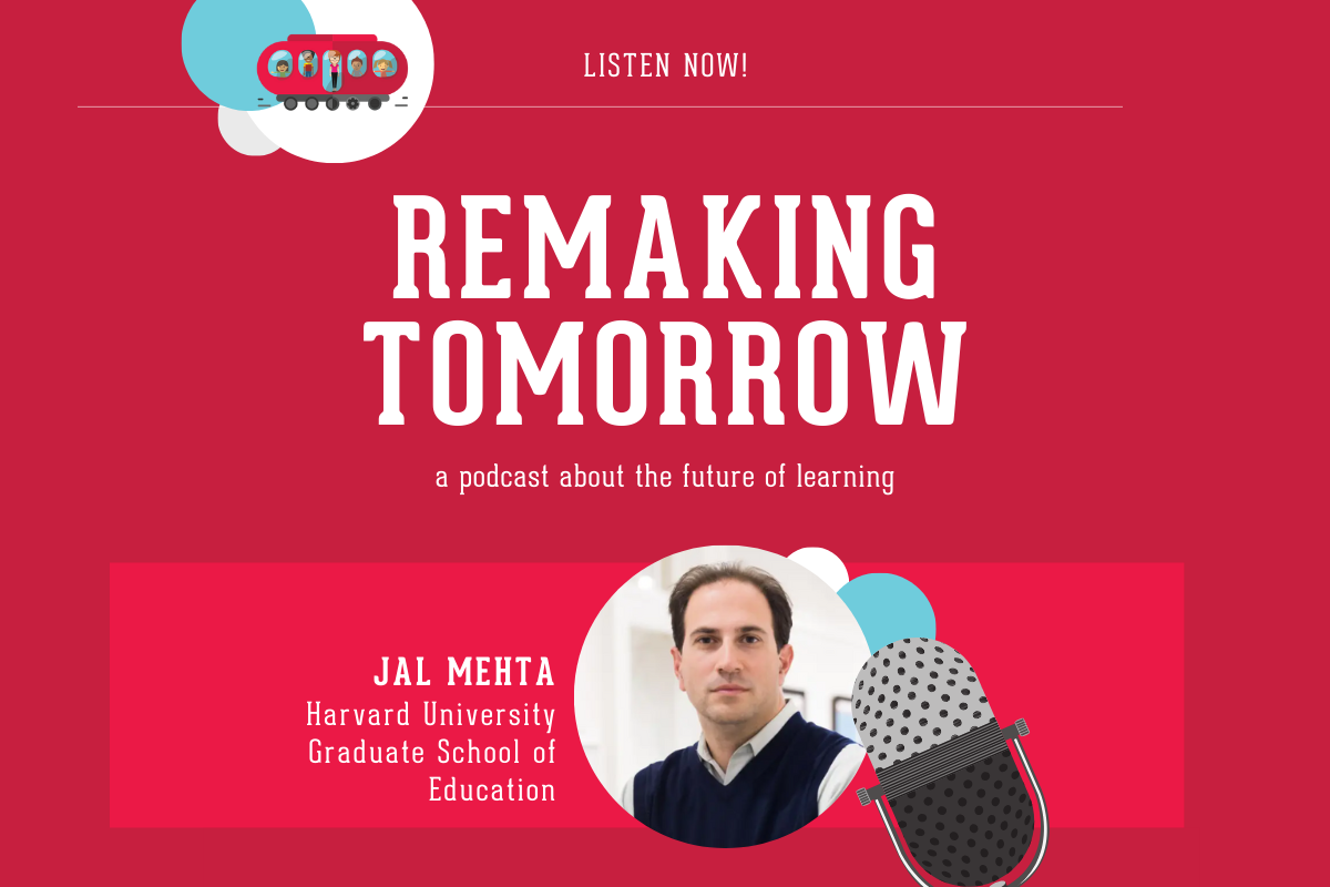 graphic with red background, microphone, and images of an adult in profile
