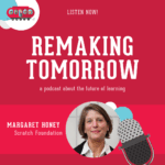 Remaking Tomorrow graphic with red background, microphone, and images of an adult in profile