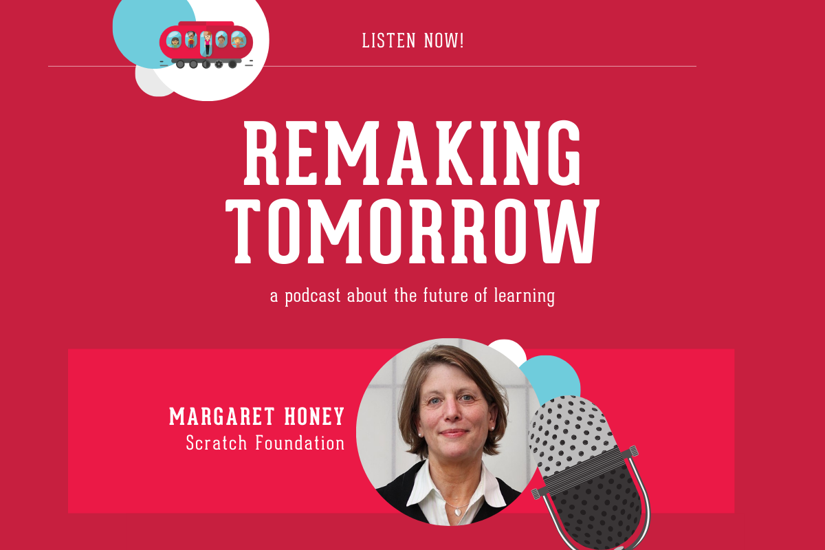 graphic with red background, microphone, and images of an adult in profile