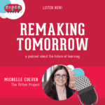 Remaking Tomorrow graphic with red background, microphone, and images of an adult in profile