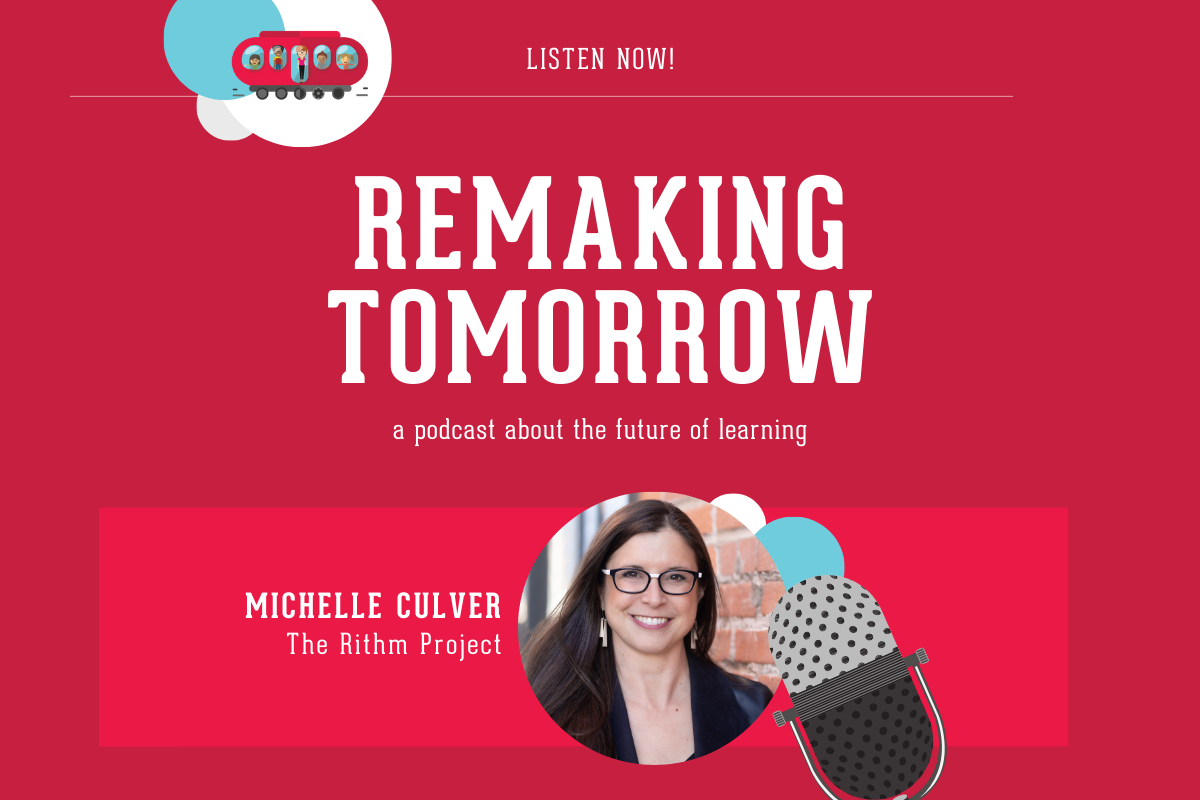 graphic with red background, microphone, and images of an adult in profile