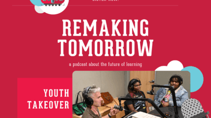 A graphic on a red background showing an adult and two teens in a radio studio