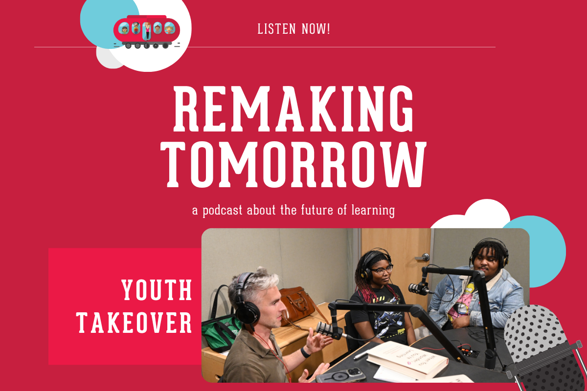 A graphic on a red background showing an adult and two teens in a radio studio