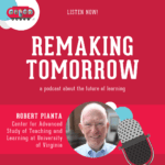 graphic with red background, microphone, and images of an adult in profile