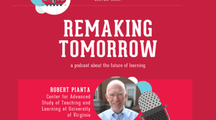 graphic with red background, microphone, and images of an adult in profile