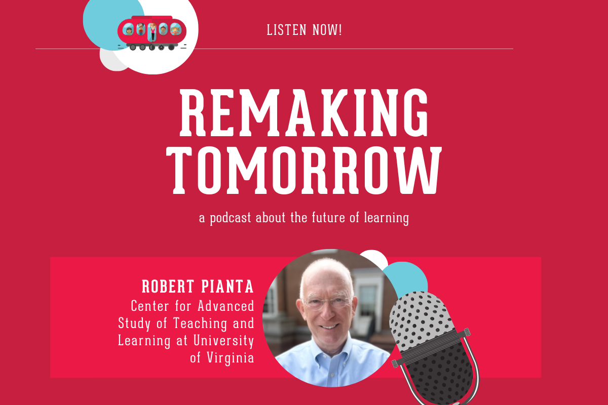 graphic with red background, microphone, and images of an adult in profile