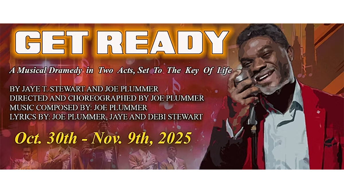 A painting of an adult wearing a red suit jacket singing into a microphone, and text on the left advertising Get Ready: A Musical Dramedy